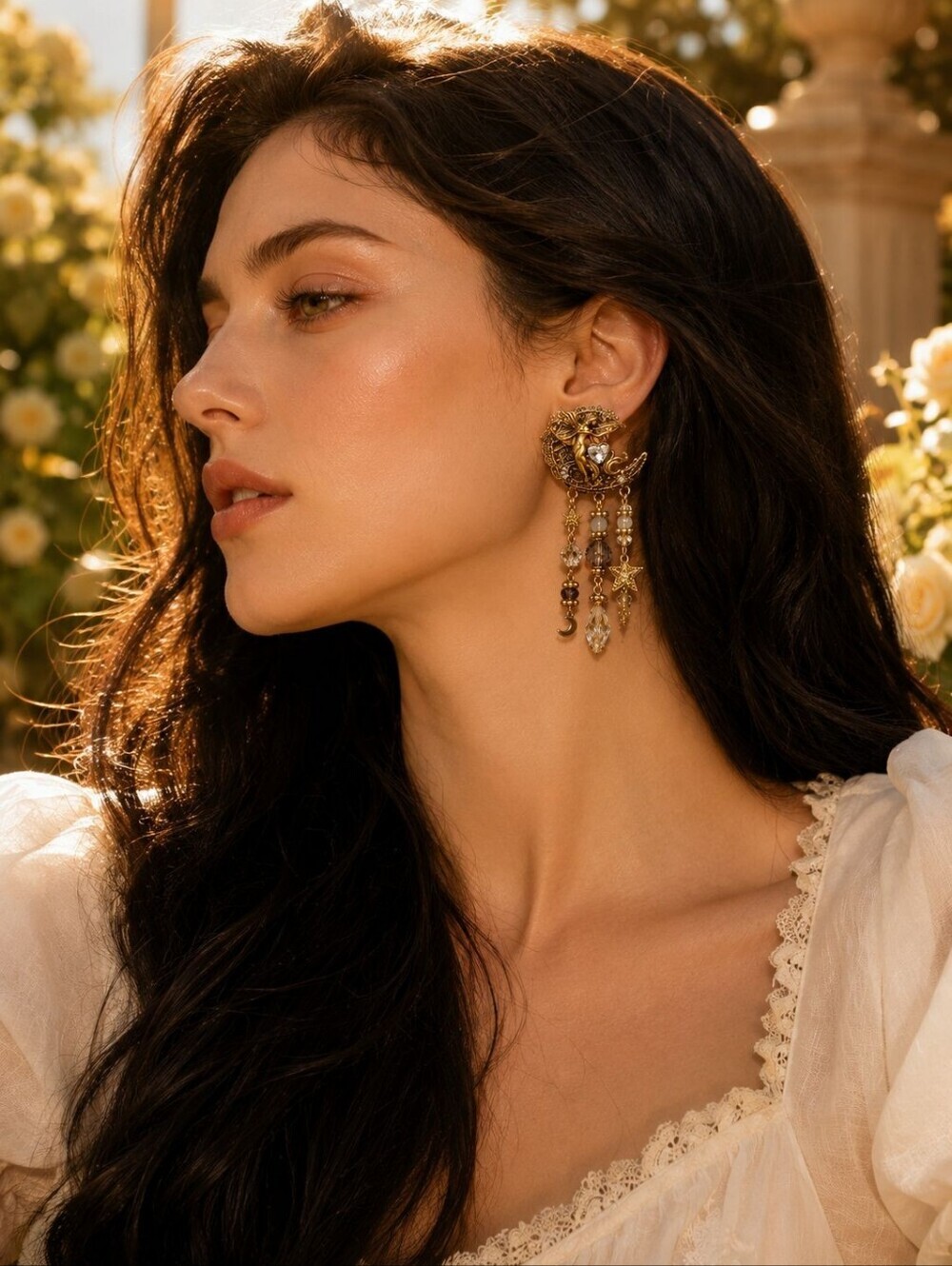 Gold Dragon Moon Dangle Earrings with Crystal Drops - Picture 2 of 8